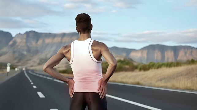 Man suffering from low back pain while doing walking exercise. AI generated