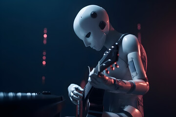 AI robot musician playing guitar. Futuristic entertainment on stage. AI generated