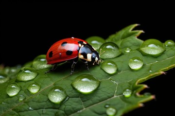 Vivid ladybug on lush leaf with raindrops - Nature's miniature marvel. Macro generative AI