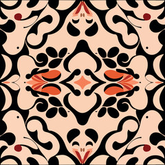 Black and white pattern with red accents. Stylish and decorative art nouveau seamless design.