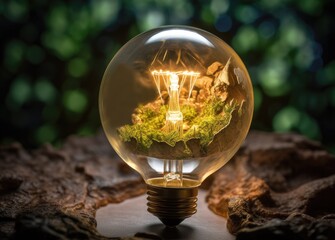 Green World Map On The Light Bulb With Green Background, Renewable Energy Environmental Protection, Renewable, Sustainable Energy Sources. Created with Generative AI technology.
