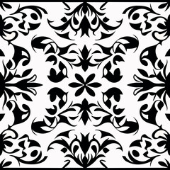 Elegant black and white floral damask pattern on white background.