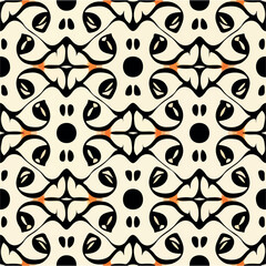 Eerie black and white pattern with orange accents. Spooky cartoon skulls on skull liminal void background.