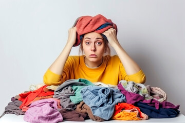 Generative AI frontal shot illustration of woman with worried face and gesture surrounded by dirty laundry