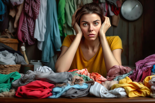 Generative AI frontal shot illustration of woman with worried face and gesture surrounded by dirty laundry