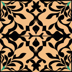 Striking black and tan pattern with green border. Art nouveau meets fractal muqarnas in Persian design.