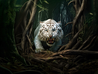 White tiger or bleached tiger in the jungle. AI generated