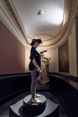 Generative AI illustration of Museum employee with virtual reality headset in a museum