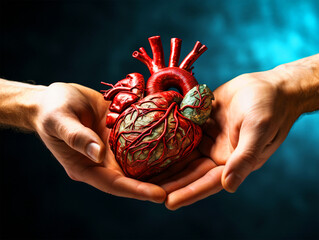 Human hands holding a realistic heart on dark background - ai generative