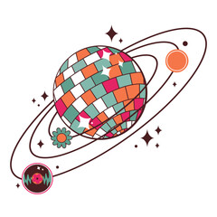 Disco Universe. Sparkling disco ball as the sun around which the planets revolve. Vinyl, daisy and glitter stars  in vintage colors. Vector emblem, patch, sticker