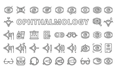 Set of Ophthalmology icons in line design. Eye, Vision, Glasses, laser correction, Contact lenses, Retina, Cataract, Glaucoma vector illustrations.Eye icons isolated on while background vector - obrazy, fototapety, plakaty