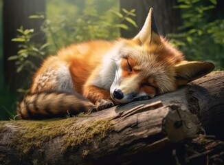 Fototapeta premium Red cute fox, animal sleeps on a tree. Created with Generative AI technology.