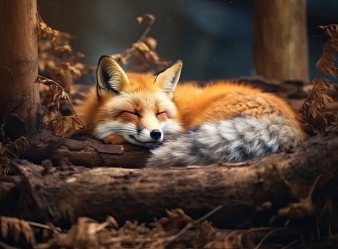 Red cute fox, animal sleeps on a tree. Created with Generative AI technology.