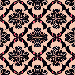 Dark and alluring pink flower pattern on captivating pink background, blending art nouveau and art deco influences.