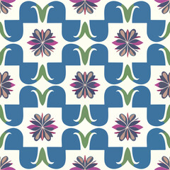 Serene blue and pink flower pattern on white background.