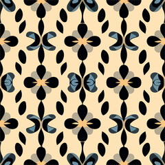 Black and blue floral pattern on beige background, perfect for vintage inspired textile designs.
