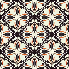 Dynamic black and white pattern with vibrant orange accents. Art deco and art nouveau fusion.