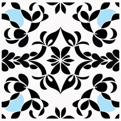 Bold black and white pattern with blue accents, featuring damask and art nouveau influences.