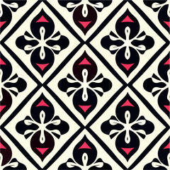 Elegant black and white pattern with red accents and art deco charm.