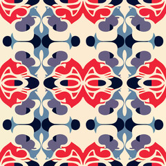 Vibrant red, white, and blue seamless pattern. Art nouveau influence.