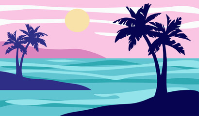 Fototapeta na wymiar Cartoon flat panoramic landscape with the palms on colourful background. Vector illustration.