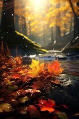 Fototapeta na wymiar Autumn leaves on the forest floor. Ai generative Art