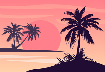 Obraz na płótnie Canvas Cartoon flat panoramic landscape, sunset with the palms on colourful background. Vector illustration.