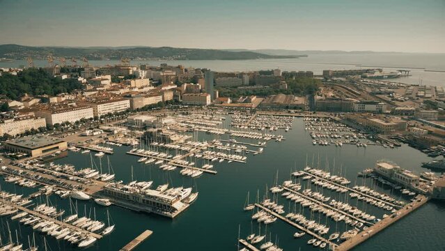 Drone aerial view of marina in the city of Trieste, Italy