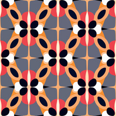 Playful and vibrant fabric pattern with orange, black, and grey circles. Adds energy and liveliness to any space.