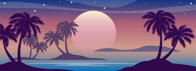 Fototapeta na wymiar Cartoon flat panoramic landscape, sunset with the palms on colourful background. Vector illustration.