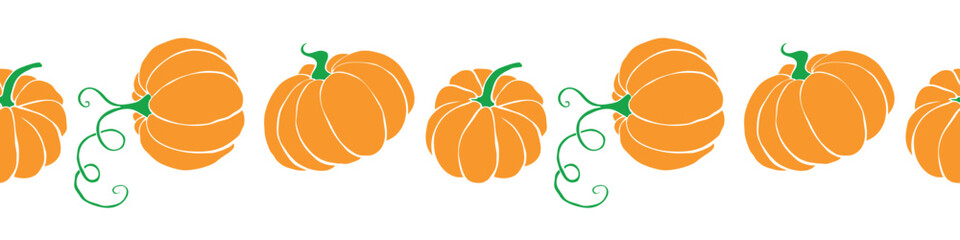 Vector edging, ribbon, border from orange pumpkins in flat style. Autumn seamless pattern, ornament, decorative element, decoration for seasonal design, Thanksgiving