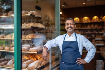 Proud small business owner in front of modern bakery storefront. Generative AI.