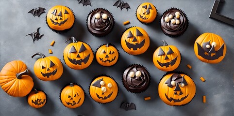 Halloween themed chocolate cupcake with carved pumpkin designed frosting 