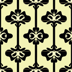 Elegant black and white floral pattern on sunny yellow background, combining elements of art nouveau and art deco styles.