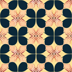 Symmetrical art deco pattern with black and orange shapes on yellow background, reminiscent of captivating tilework.