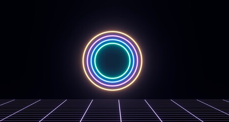 3d render, neon glowing geometric shape, retro wireframe poster