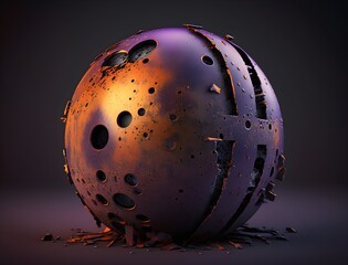 a heavy metal ball in fading colors orange and purple beautifully colors coded rust and scratches solid texturers highly detailed 3d render dark studio rearlight 90mm macro lens 