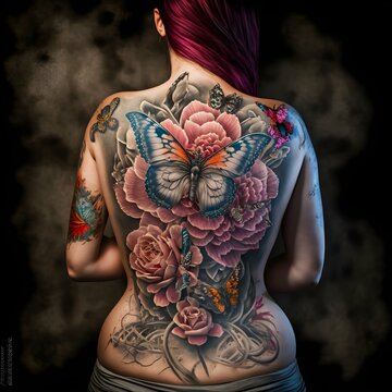 Gorgeous Tattoo across a portion of a womans back with a nice figure Intricate details of Flowers and small butterflies Photographed in a studio with a plain background Cinematic lighting highly 