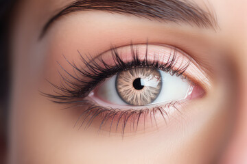 Close-up of a woman's eye with beautiful long black false eyelashes. Eyelash Extension salon Procedure. Generative AI photo.