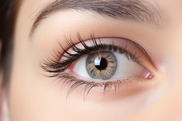 Fototapeta premium Close-up of a woman's eye with beautiful long black false eyelashes. Eyelash Extension salon Procedure. Generative AI photo.