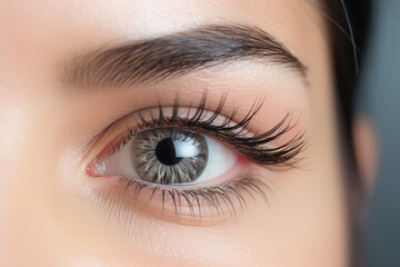 Obraz premium Close-up of a woman's eye with beautiful long black false eyelashes. Eyelash Extension salon Procedure. Generative AI photo.