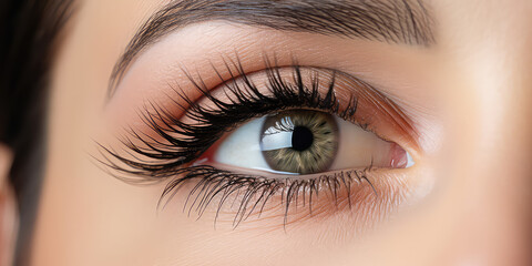 Obraz premium Close up of a woman's eye with beautiful long black false eyelashes. Eyelash Extension salon Procedure. Generative AI photo.