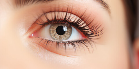 Obraz premium Closeup of a woman's eye with beautiful long black false eyelashes. Eyelash Extension salon Procedure. Generative AI photo.