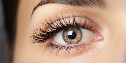 Fototapeta premium Closeup of a woman's eye with beautiful long black false eyelashes. Eyelash Extension salon Procedure. Generative AI photo.