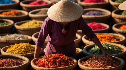 Vietnamese woman with hat with different colored bowls of spices in Vietnam market - obrazy, fototapety, plakaty