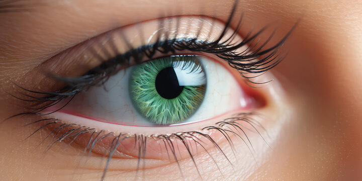 Close up of a woman's eye with beautiful long black false eyelashes. Eyelash Extension salon Procedure. Generative AI photo.