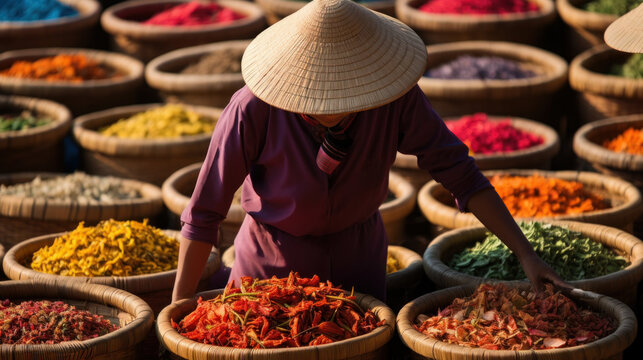 Vietnamese woman with hat with different colored bowls of spices in Vietnam market