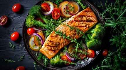 Grilled salmon fish fillet and fresh green leafy vegetable salad with tomatoes, red onion and broccoli