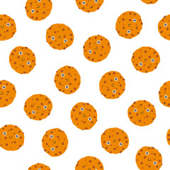 Obraz premium Chocolate chip cookies seamless pattern cute smile. Hand drawn nursery cartoon doodle kawaii dessert character. Childish vector illustration in a simple naive style. Perfect for printing.