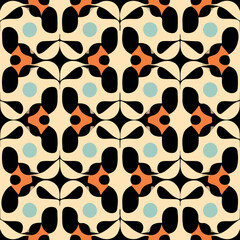 Elegant black and white pattern with orange and blue circles, blending art nouveau and art deco styles.